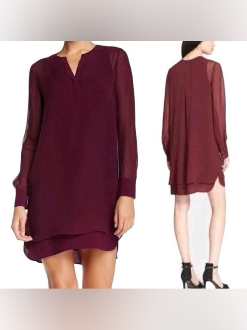 Vince Silk Long-Sleeve Shift Dress in Burgundy
